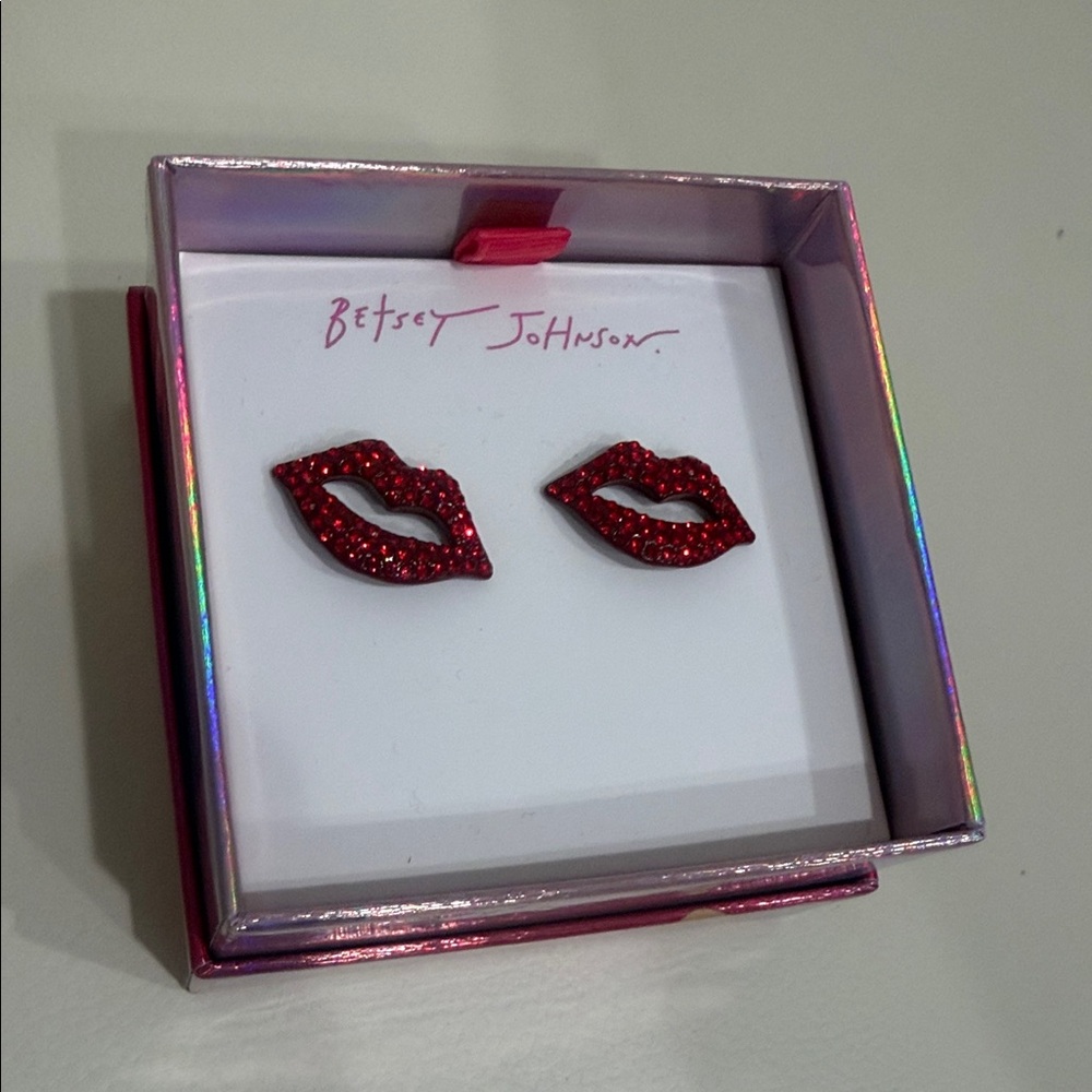 Betsey Johnson Sparkly Red Lip Earrings in Gift Box